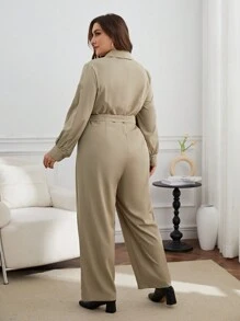 SHEIN Essnce 女式大尺碼腰部繫帶連身褲 - 卡其色 - 查看 2