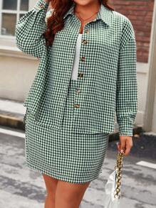 Celure Plus Size 2pcs Houndstooth Drop Shoulder Sleeve Shirt And Skirt Set