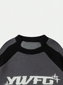 ANDREILEE 男士休闲圆领撞色字母图案针织衫，适合秋冬季穿着 - 灰色 - 查看 5