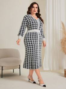 Modelyn Hơn Đồ họa Houndstooth Tay áo lồng đèn Đầm Áo len - Đen và trắng - Xem 3