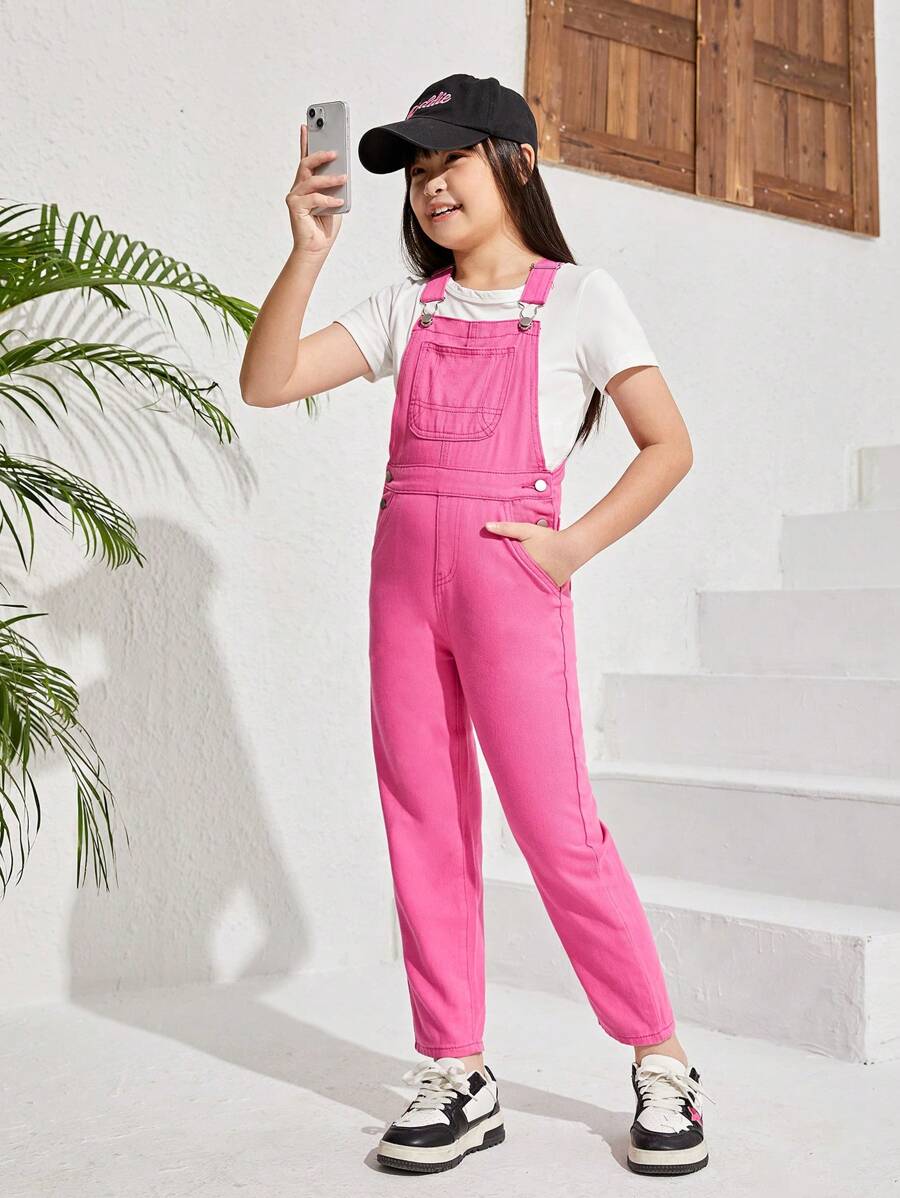 Cô gái Tween Đã vá Túi Quần yếm Denim - Màu Hồng Tươi - Xem 1