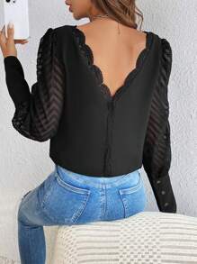 SHEIN Frenchy Women's Sheer Mesh Lantern Sleeve Blouse Summer Black Casual Elegant - Black - View 4