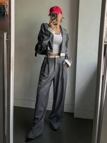 Dazy Star Contrast Trim Crop Blazer & Wide Leg Pants - Grey - View 1