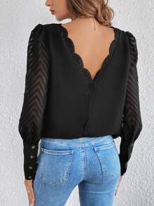 SHEIN Frenchy Women's Sheer Mesh Lantern Sleeve Blouse Summer Black Casual Elegant - Black - View 5
