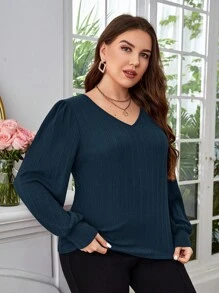 EMERY ROSE Plus Size V Neck Lantern Sleeve T-shirt - Navy Blue - View 3