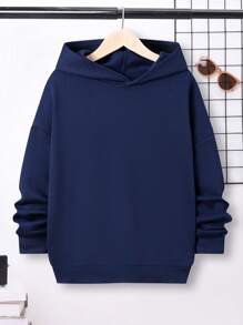 SHEIN 青少年男孩标语图案落肩保暖卫衣 - 藏蓝色 - 查看 2