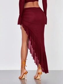 SHEIN BAE Ruched Asymmetrical Ruffle Hem Skirt - Burgundy - View 2