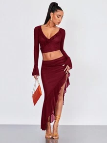 SHEIN BAE Ruched Asymmetrical Ruffle Hem Skirt - Burgundy - View 5