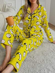RueChic Women's Cartoon Pattern Long Pants Pajama Set - Yellow - View 4