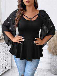 SHEIN Clasi Top De Talla Grande Con Mangas Acampanadas Y Cinturón En La Cintura