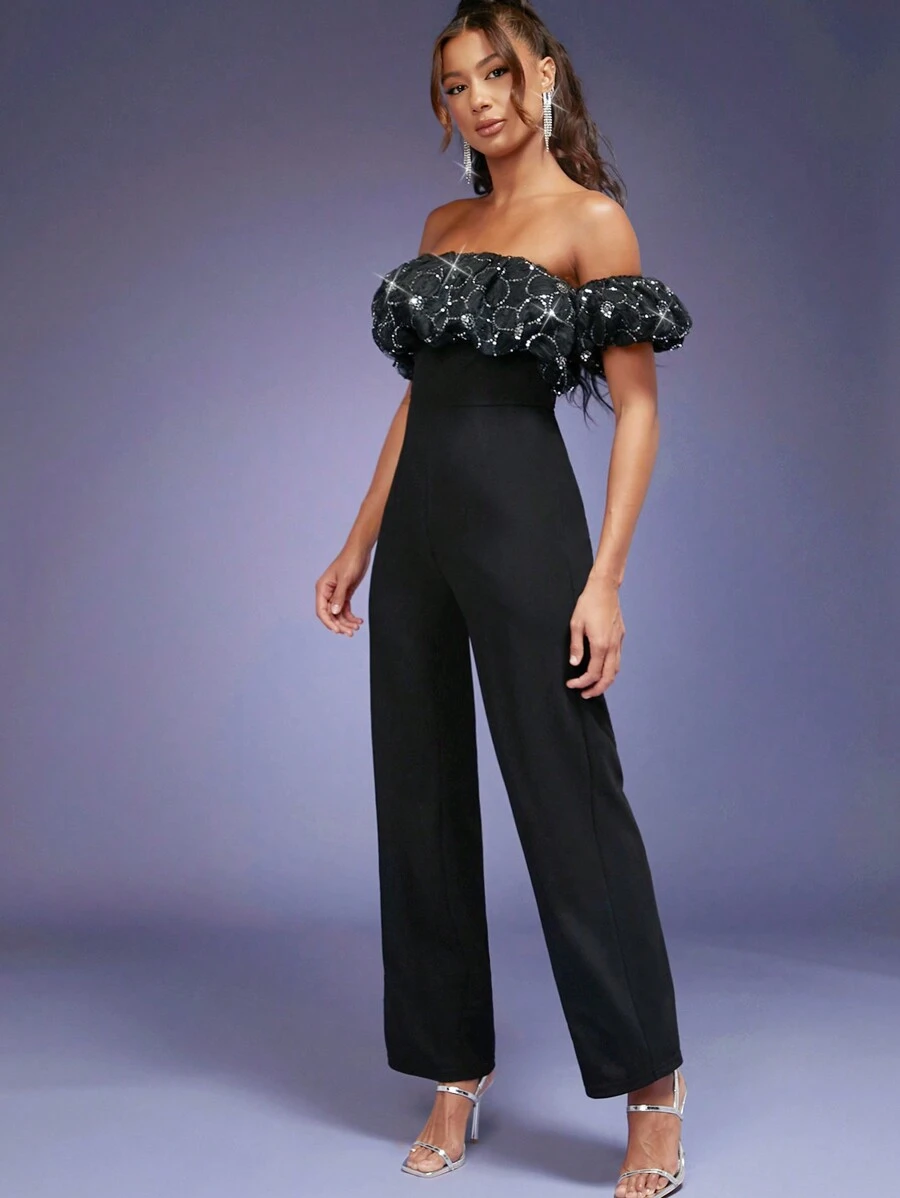 SHEIN Unity Enterizo De Lentejuelas Con Volantes Y Escote Descubierto - Negro - Ver 1