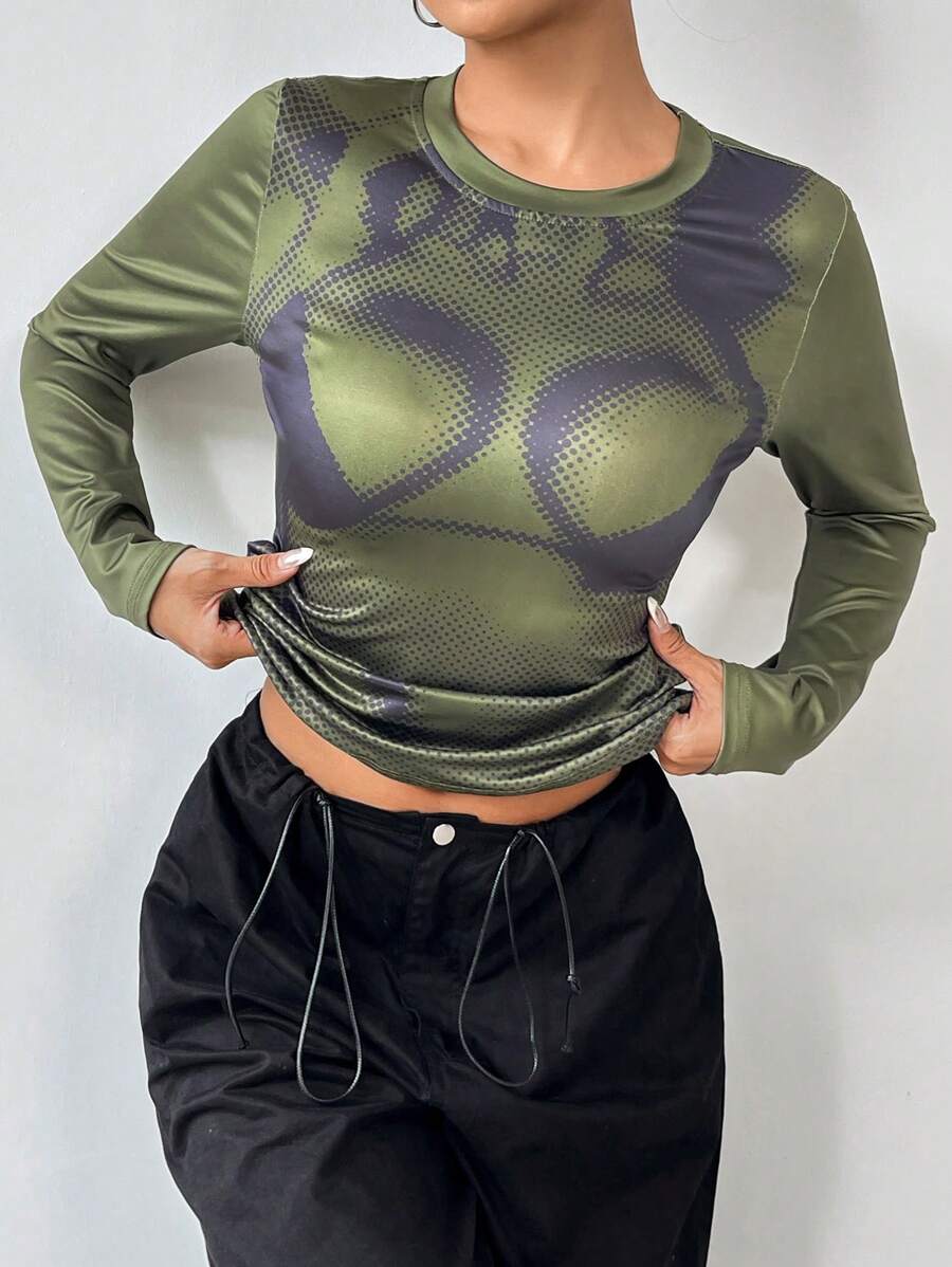 SHEIN LUNE Women's Thermal Sensitive Printing T-Shirt Fall Cloth For Women - Army Green - View 1