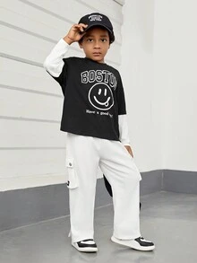 SHEIN Bé trai Hai âm Emoticon & Slogan In 2 trong1 Áo thun - Đen và trắng - Xem 3