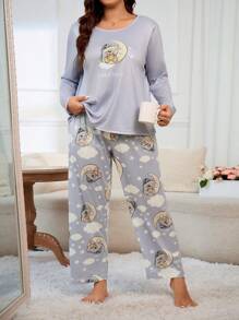 大尺寸卡通印花家居服套裝 - 灰色 - 查看 5