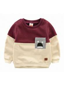 Sudadera Con Capucha Impresa Con Dibujos Animados Para Niñas Pequeñas De Color Contrastante Con Bolsillo De Parche - Burdeos - Ver 3