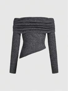 ROMWE Grunge Punk Women's Gray Off Shoulder Fashionable Long Sleeve T-shirt - Black - View 2