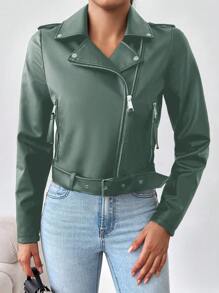 SHEIN Women's Collared Zipper Front Jacket - Green - View 2