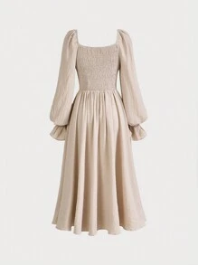 SHEIN MOD 拼接印花前繫帶荷葉袖洋裝 - 杏色 - 查看 2