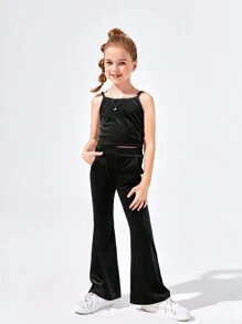 SHEIN 女大童水鑽字母和蝴蝶樣式連帽絲絨夾克&吊帶上衣&喇叭褲 - 黑色 - 查看 3