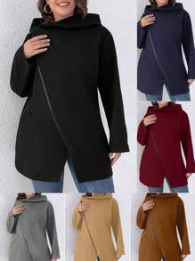 EMERY ROSE Chaqueta Con Capucha De Color Sólido De Talla Grande Con Diseño De Cremallera Oblicua - Negro - Ver 1