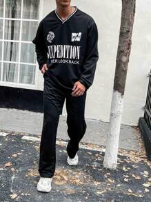 Manfinity Homme Men's Plus Size Slogan Printed 2pcs/set Outfit - Black - View 4