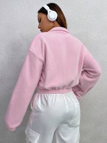 SHEIN Unity 拉鍊開襟落肩短版毛絨衫 - 粉色 - 查看 2