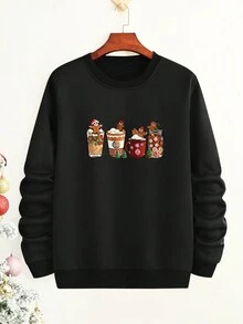 Manfinity Hypemode Men's Plus Size Christmas Printed Fleece Round Neck Sweatshirt - Black - View 3