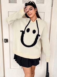 Flirla Plus Size Cartoon Face Pattern Hooded Sweater Knit Pullover Fall Winter Sweater - Beige - View 5