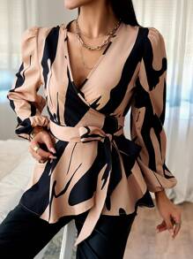 SHEIN Privé 女士印花燈籠袖包身襯衫 - 杏色 - 查看 5