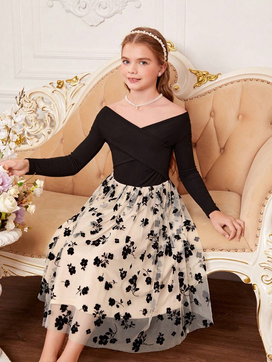 SHEIN Tween Girl Off Shoulder Cross Wrap Front Floral Mesh Overlay Dress - Black - View 1
