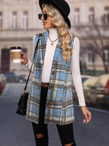 SHEIN LUNE 格紋翻領夾克背心 - 藍色 - 查看 4