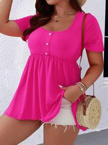 EMERY ROSE Plus Half Button Peplum Tee - Hot Pink - View 1