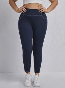 SHEIN EZwear Plus Top-stitching Wideband Waist Leggings - Blue - View 5