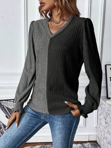 SHEIN LUNE 女款拼色平行縐縫袖口襯衫 - 彩色 - 查看 4