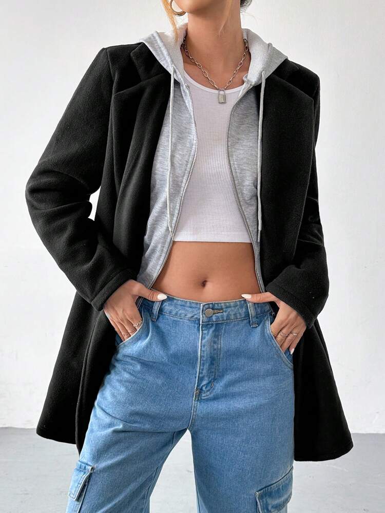 1pc Women's Solid Color Thigh-Length Thermal Lined Hooded Casual Jacket, Autumn/Winter