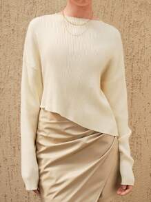 Anewsta Suéter de mujer de punto acanalado con hombros caídos para otoño e invierno - Beis - Ver 4