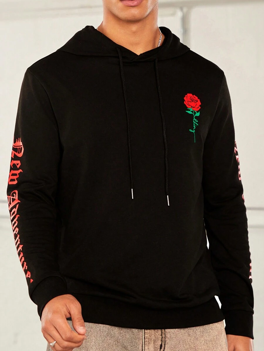 GENTILAND Nam Đồ họa hoa & chữ Dây rút Hoodie - màu đen - Xem 1