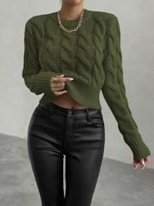 Chiquease Solid Color Pullover Knit Pullover Fall Winter Sweater - Army Green - View 6