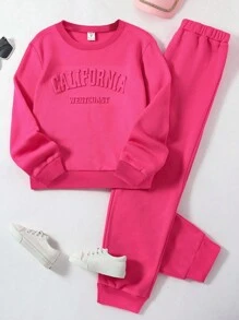 SHEIN Young Girl Pink Sports Leisure 2pcs Outfits For Spring And Autumn - Hot Pink - View 1