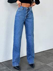 EURMUSE 高腰直腳牛仔褲,具有洗滌效果 - 中等水洗藍 - 查看 1