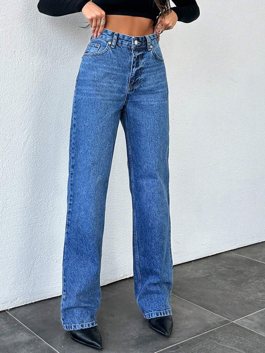 EURMUSE 高腰直腳牛仔褲,具有洗滌效果 - 中等水洗藍 - 查看 1