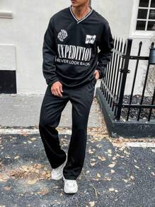 Manfinity Homme Men's Plus Size Slogan Printed 2pcs/set Outfit - Black - View 1