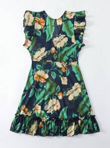 Swim Lushoire Summer Beach Tropical Printed V-Neck Ruffle Hem Cover Up - Multicolor - View 4