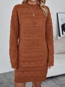 SHEIN LUNE Màu thuần Dệt kim Tay áo dài Đầm Áo len - Rỉ Nâu - Xem 6