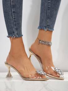 Women's Elegant Round Crystal Shiny Diamond High Heel Pumps With Unique Heel Design - Gold - View 2