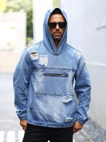 Manfinity LEGND Loose Fit Men's Distressed Hooded Denim Jacket With Kangaroo Pocket - Medium Wash - View 6