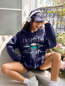 SHEIN EZwear Women's Hooded Sweatshirt With Letter Print And Drawstring - Navy Blue - View 1