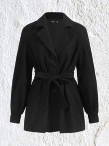 SHEIN EZwear Plus Lapel Neck Belted Overcoat - Black - View 1