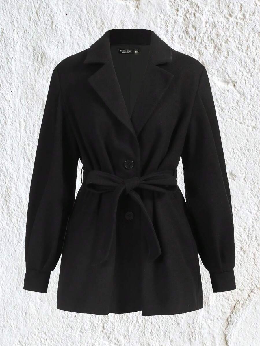 SHEIN EZwear Plus Lapel Neck Belted Overcoat - Black - View 1