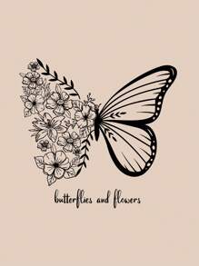 SHEIN EZwear In Hoa & Bướm Dây rút Áo hoodie ấm áp - Màu be - Xem 3